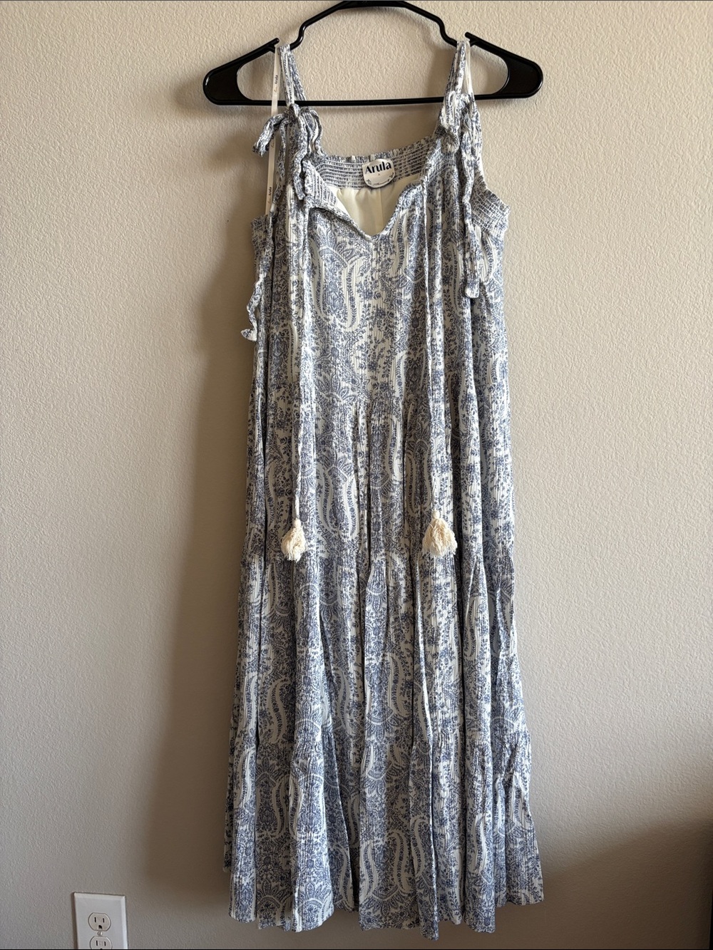 Arula Cottage Midi Dress White & Light Blue Paisley Print Tie Strap Size A- 1X